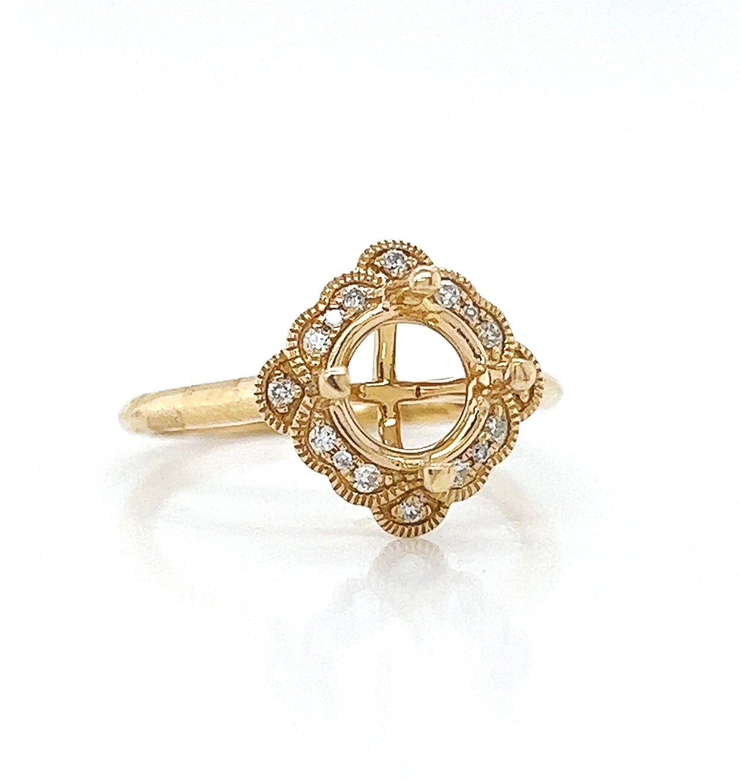 Natural Mined Round Diamond Halo Semi-Mount Art Deco Cocktail Ring Yellow Gold