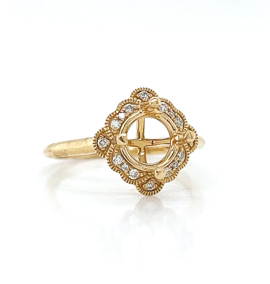Natural Mined Round Diamond Halo Semi-Mount Art Deco Cocktail Ring Yellow Gold