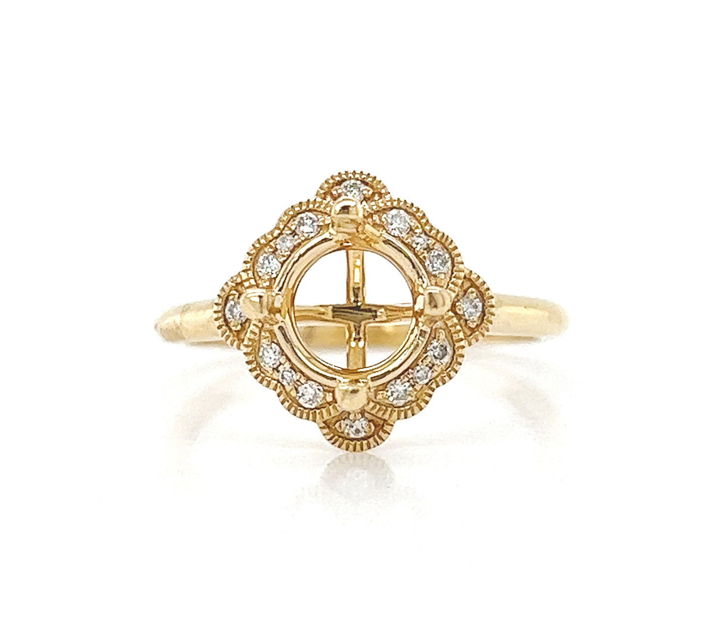 Natural Mined Round Diamond Halo Semi-Mount Art Deco Cocktail Ring Yellow Gold
