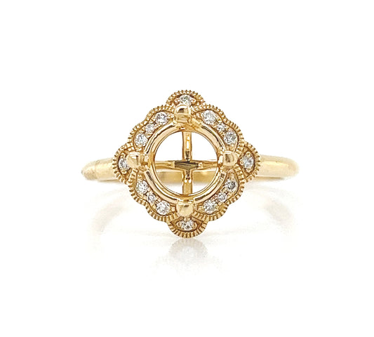Natural Mined Round Diamond Halo Semi-Mount Art Deco Cocktail Ring Yellow Gold
