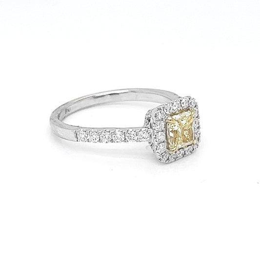 Natural Mined Fancy Yellow Princess Cut Diamond Ring White Gold GIA