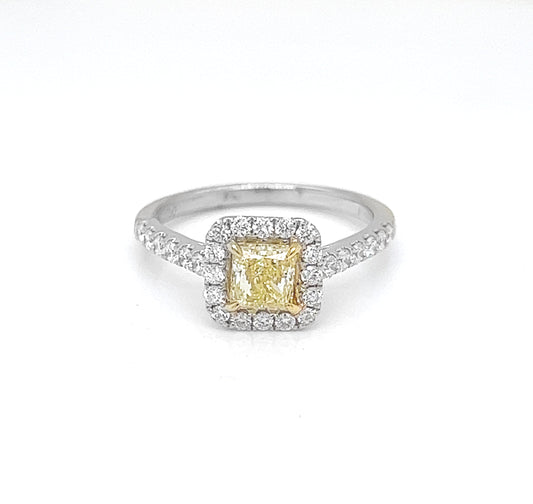 Natural Mined Fancy Yellow Princess Cut Diamond Ring White Gold GIA