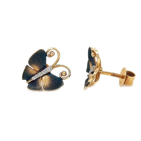 Natural Diamond Butterfly Cocktail Stud Earrings, in Yellow Gold