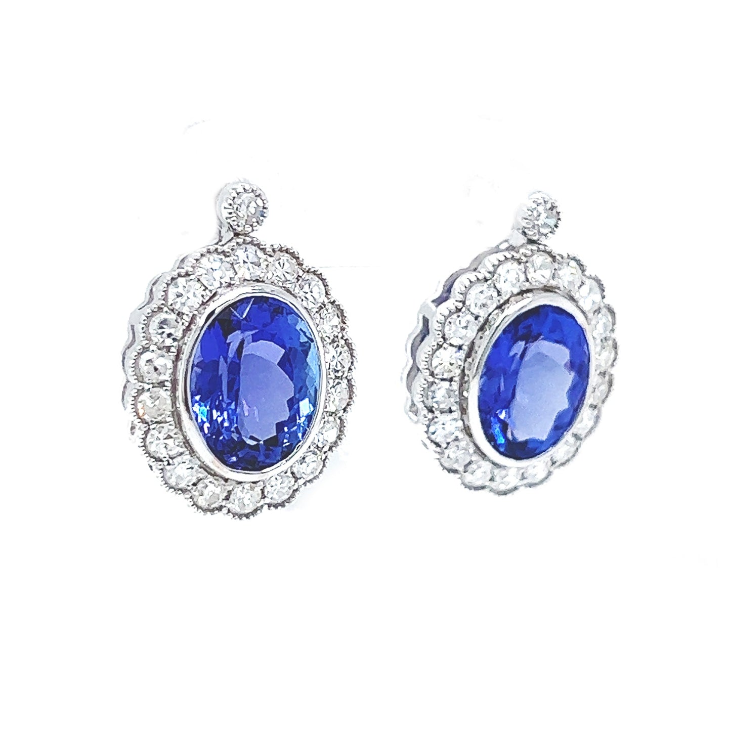 4.32 ct.tw. Natural Tanzanite and Diamond Halo Cocktail Earrings, in White Gold