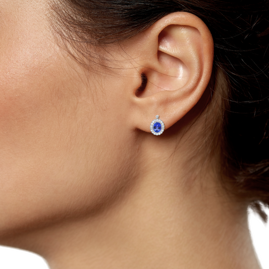 4.32 ct.tw. Natural Tanzanite and Diamond Halo Cocktail Earrings, in White Gold