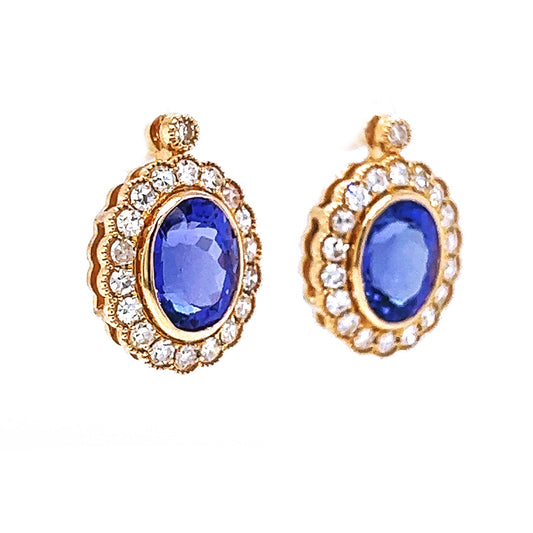 Natural Tanzanite and Diamond Art Deco Cocktail Earrings Yellow Gold