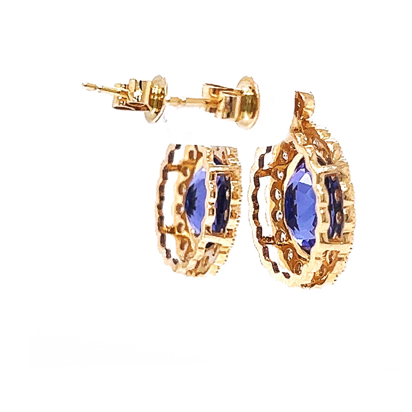 Natural Tanzanite and Diamond Art Deco Cocktail Earrings Yellow Gold