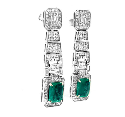 Natural Emerald Cut Green Emerald with Diamond Halo Cocktail Drop Earrings, in White Gold