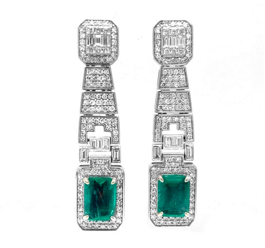 Natural Emerald Cut Green Emerald with Diamond Halo Cocktail Drop Earrings, in White Gold