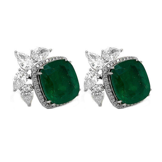 Natural Green Emerald Cushion Cut and Diamond Convertible Halo Earrings White Gold