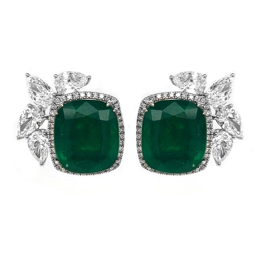 Natural Green Emerald Cushion Cut and Diamond Convertible Halo Earrings White Gold