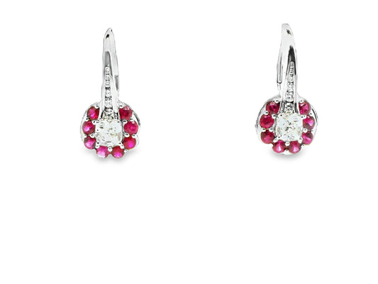 Natural Diamond and Ruby Earrings, in Platinum
