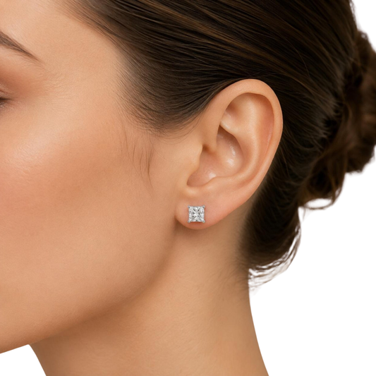 Close-up of a woman's ear wearing a diamond stud earring on a white background