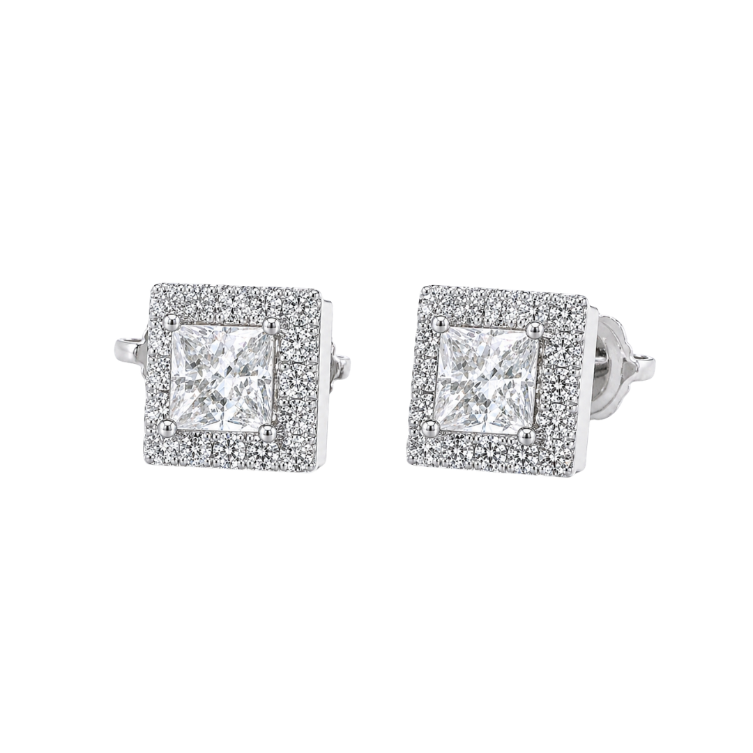 Pair of square-shaped stud earrings with clear gemstones on a white background