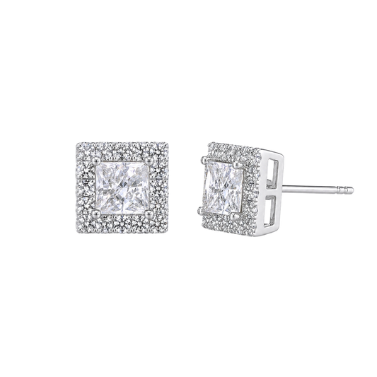 Pair of diamond stud earrings on a white background