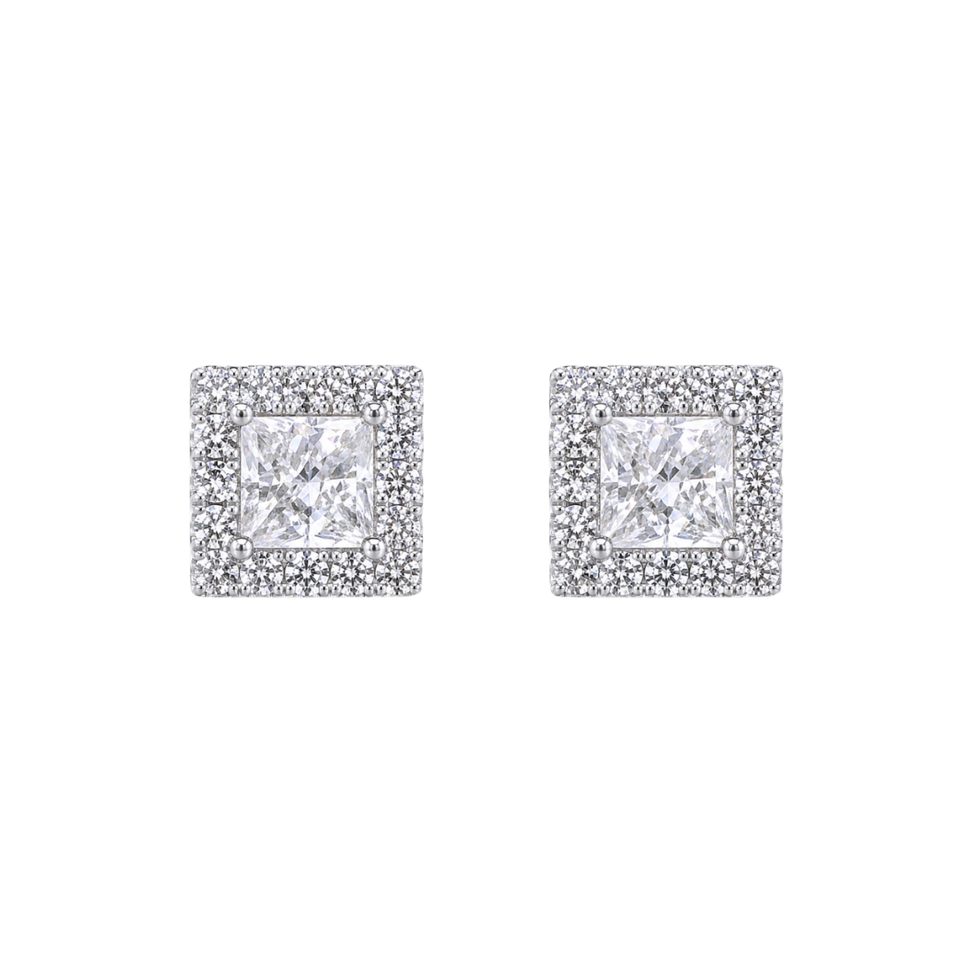 Pair of square-shaped diamond earrings on a white background