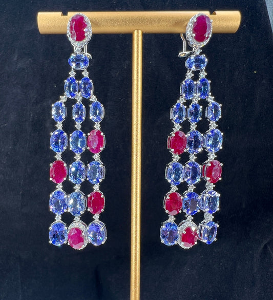 Natural Mined Tanzanite, Rubies and Diamond Dangle Cocktail Earrings White Gold