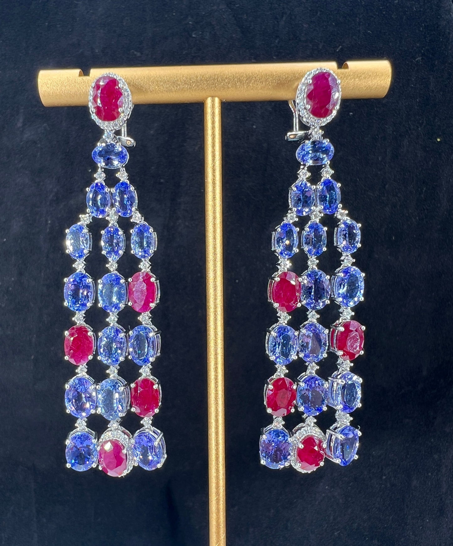 Natural Mined Tanzanite, Rubies and Diamond Dangle Cocktail Earrings White Gold