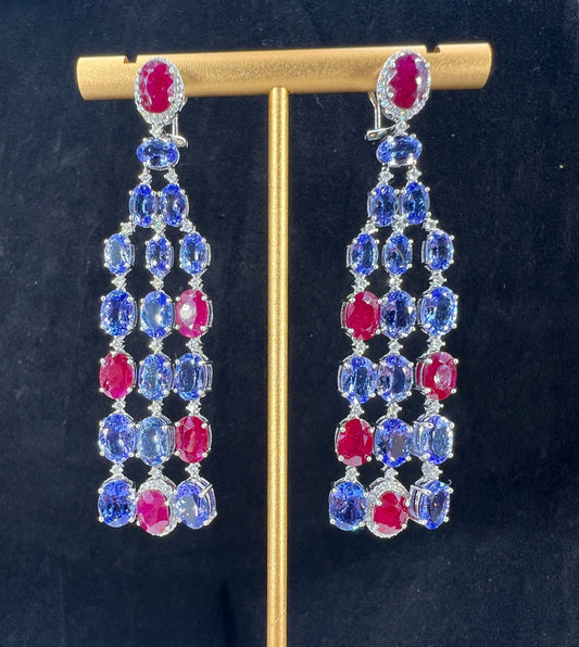 Natural Mined Tanzanite, Rubies and Diamond Dangle Cocktail Earrings White Gold