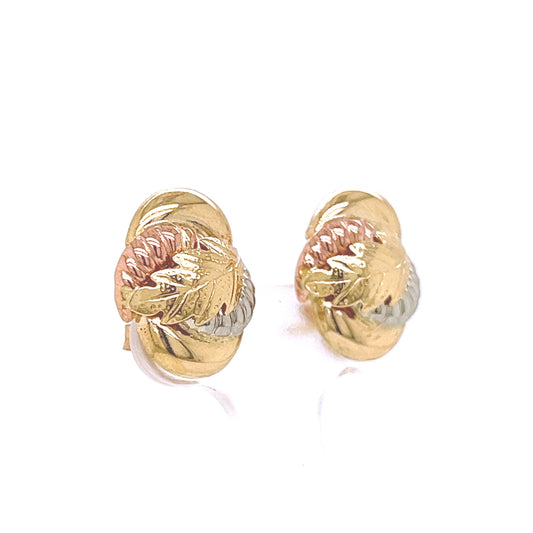 14K Tri Color Italian Gold Vintage Leaf Earring - Yellow Gold, White Gold, Rose
