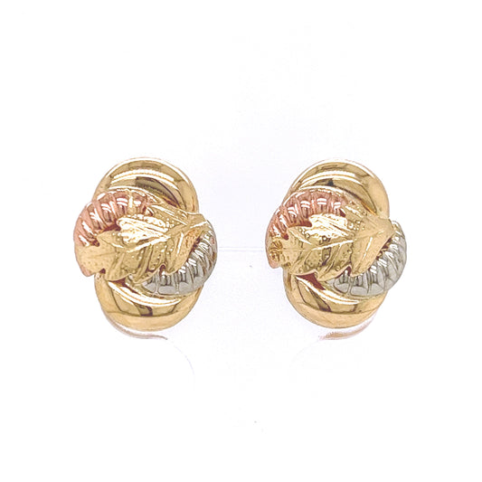 14K Tri Color Italian Gold Vintage Leaf Earring - Yellow Gold, White Gold, Rose