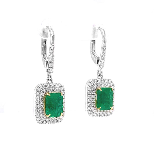Natural Mined Emerald and Diamond Cocktail Earrings White Gold