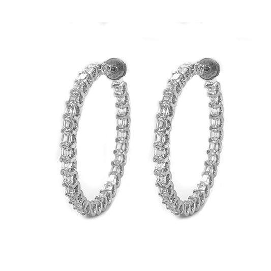 Natural Mined Emerald Cut Diamond Hoop Earrings White Gold