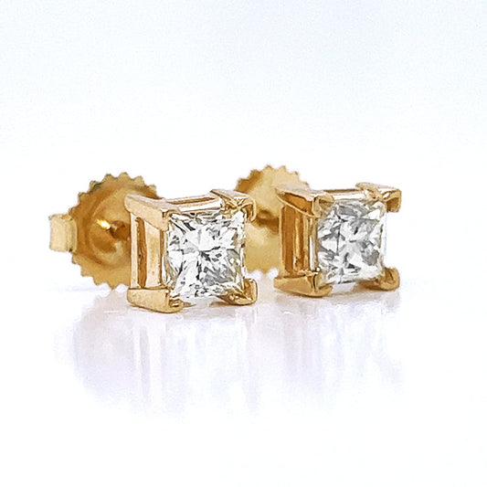 1.51 ct.tw. Natural Princess Diamond Stud Earrings, in Yellow Gold