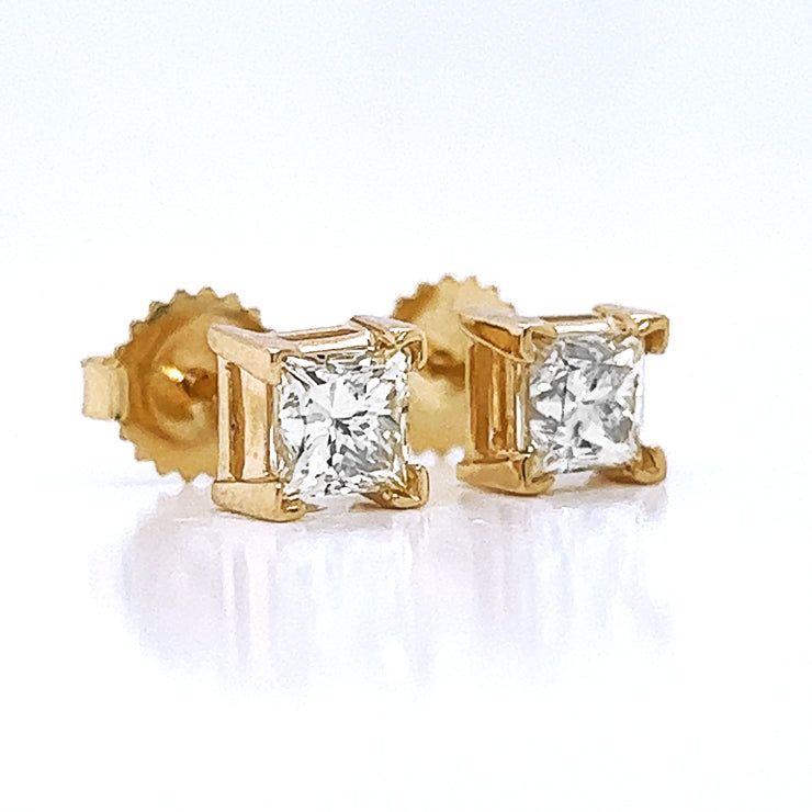 1.51 ct.tw. Natural Princess Diamond Stud Earrings, in Yellow Gold