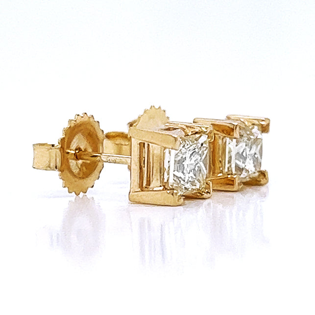 1.51 ct.tw. Natural Princess Diamond Stud Earrings, in Yellow Gold