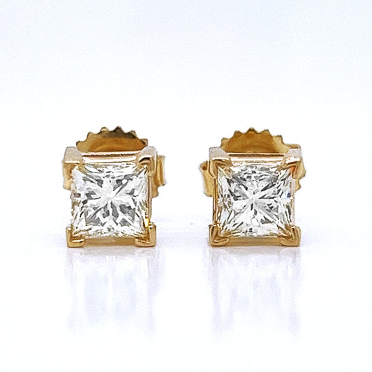 1.51 ct.tw. Natural Princess Diamond Stud Earrings, in Yellow Gold