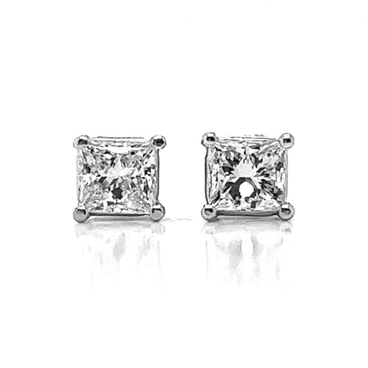 1.02 ct.tw. Natural Princess Cut Diamond Stud Earrings, in White Gold