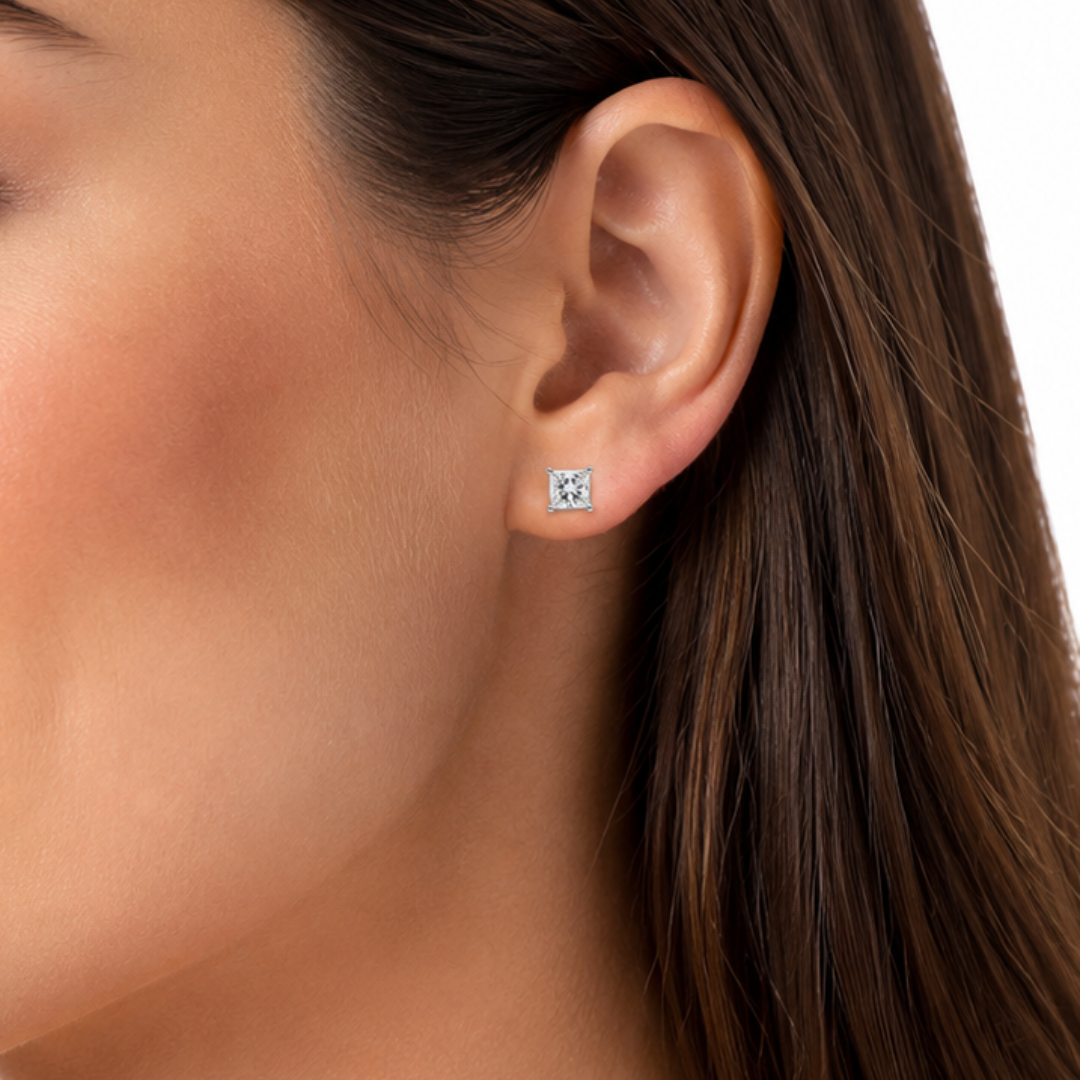 1.02 ct.tw. Natural Princess Cut Diamond Stud Earrings on model