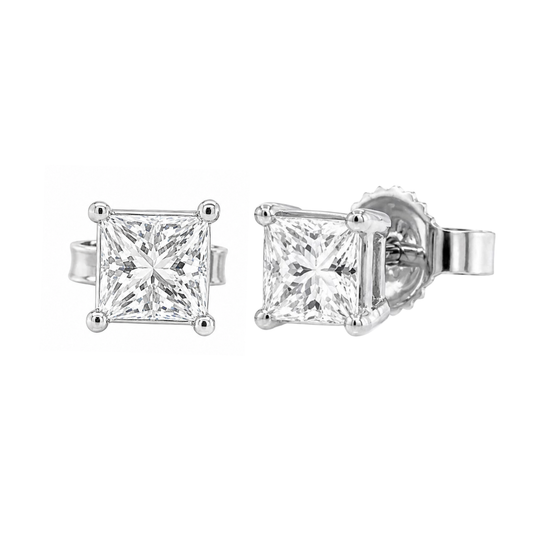 Natural Princess Cut Diamond Stud Earrings, in White Gold