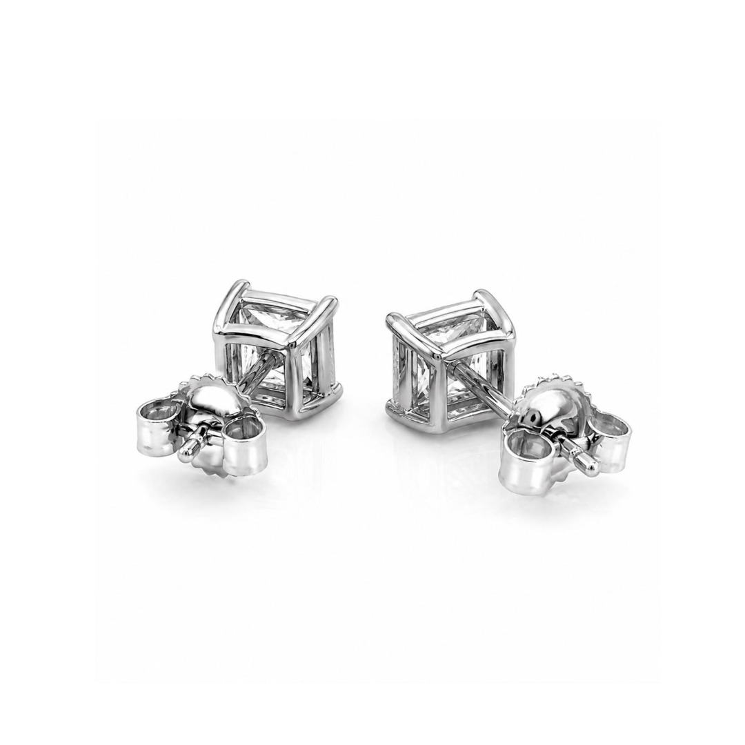 Natural Princess Cut Diamond Stud Earrings, in White Gold