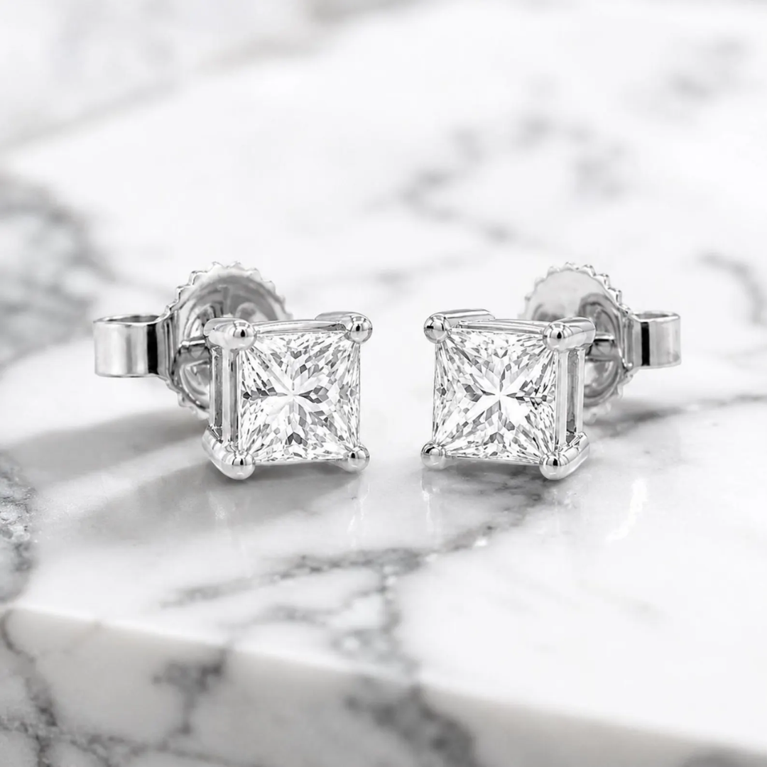 Natural Princess Cut Diamond Stud Earrings, in White Gold