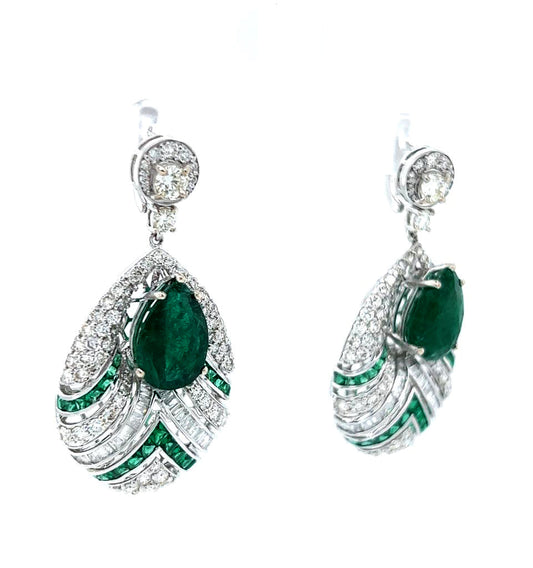 Natural Mined Pear Shaped Green Emerald and Diamond Halo Earrings White Gold AGL Certified