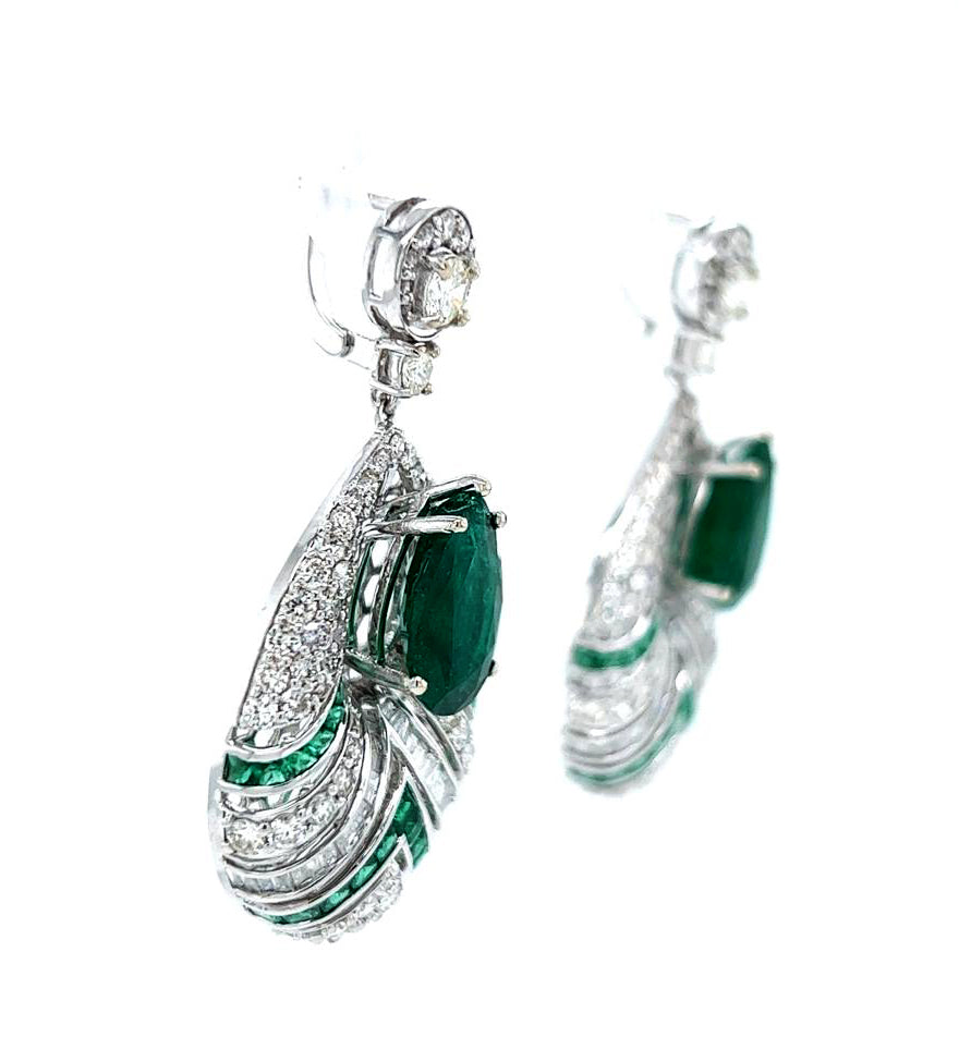 Natural Mined Pear Shaped Green Emerald and Diamond Halo Earrings White Gold AGL Certified