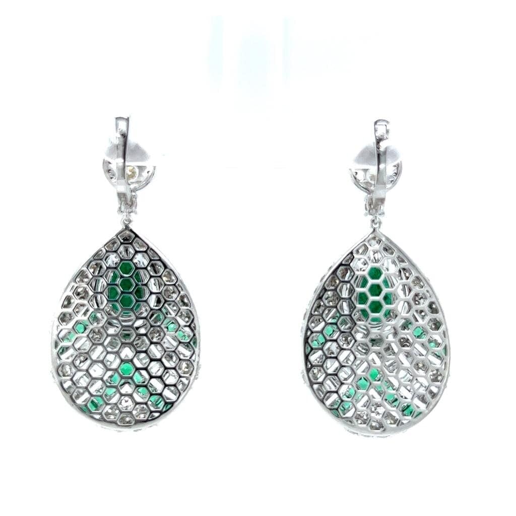 Natural Mined Pear Shaped Green Emerald and Diamond Halo Earrings White Gold AGL Certified