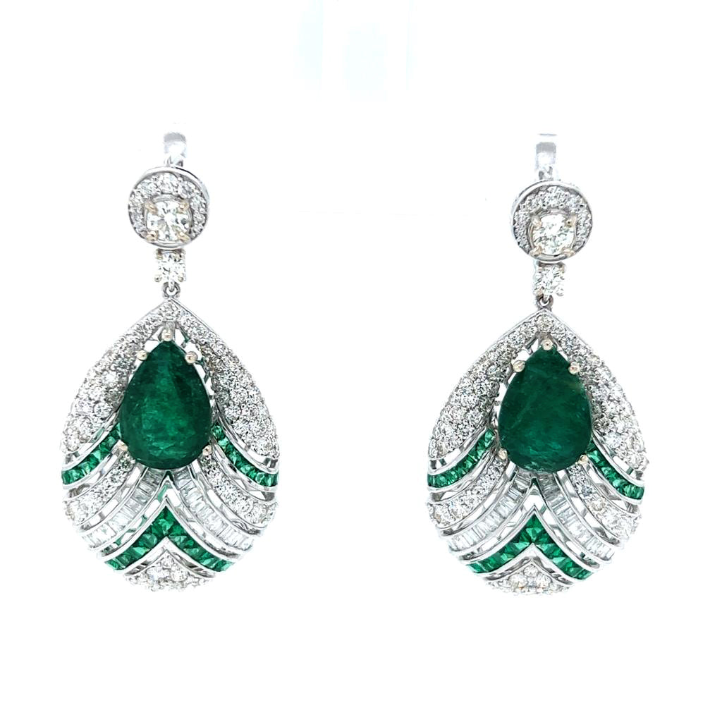 Natural Pear Shaped Green Emerald and Diamond Halo Earrings, in White Gold