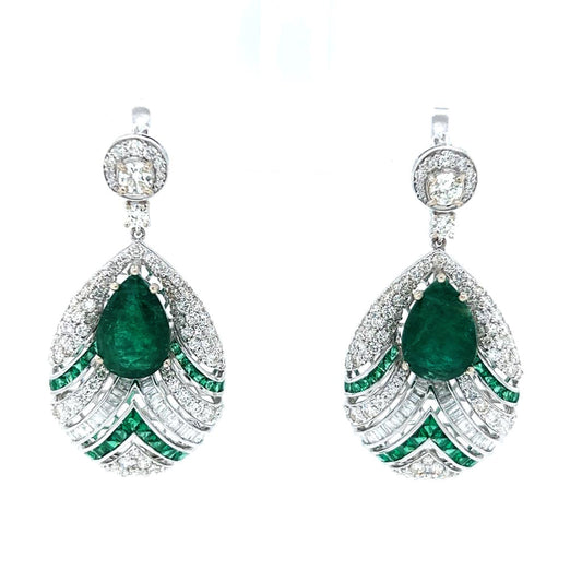 Natural Pear Shaped Green Emerald and Diamond Halo Earrings, in White Gold
