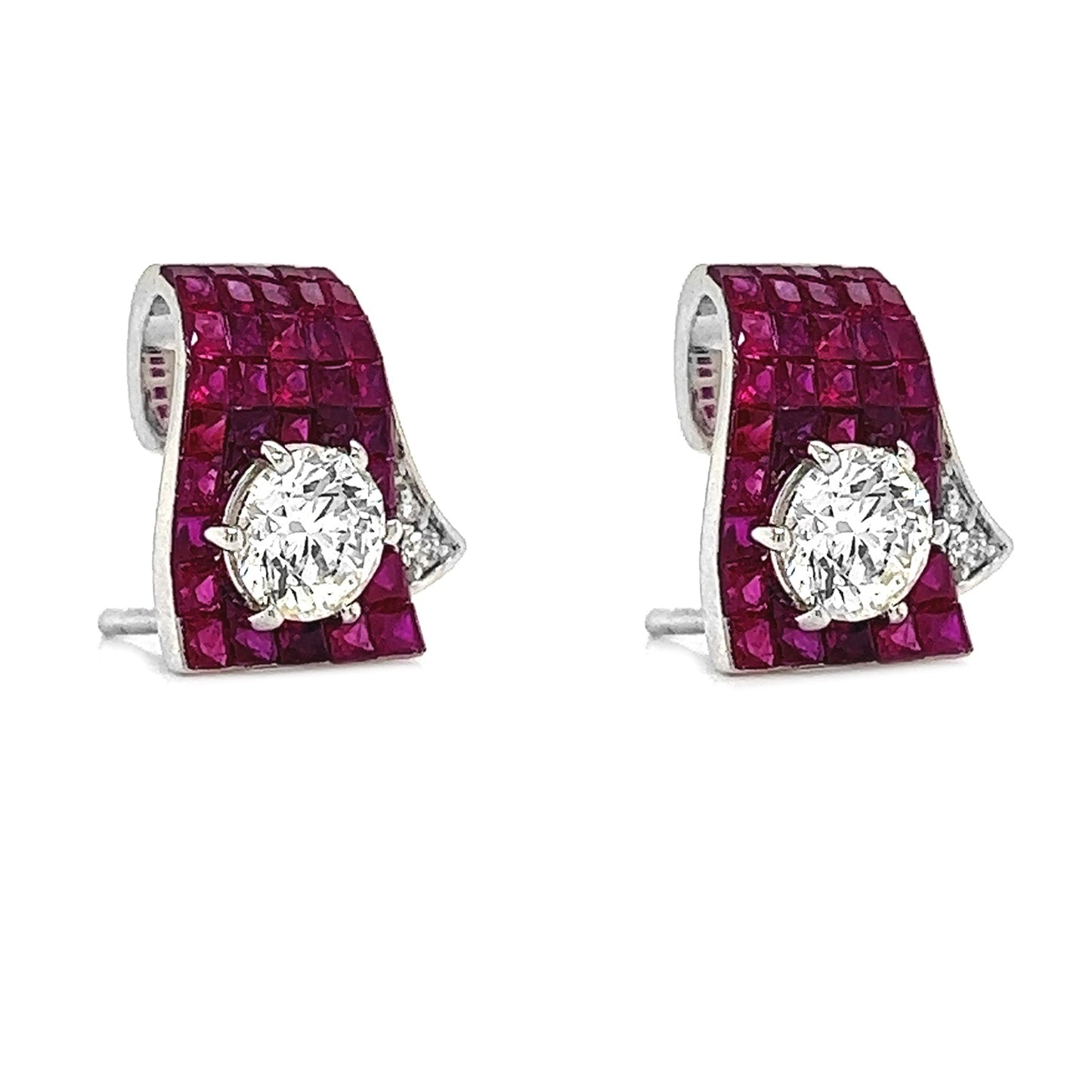 1.60 ct.tw. Natural Diamond and Rubies Halo Cocktail Earrings, in White Gold