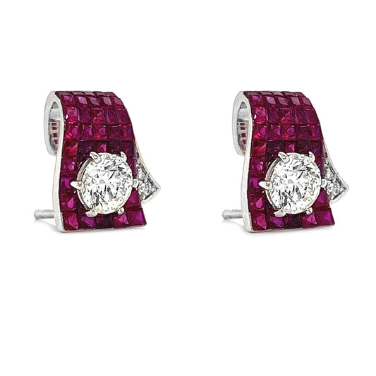 1.60 ct.tw. Natural Diamond and Rubies Halo Cocktail Earrings, in White Gold
