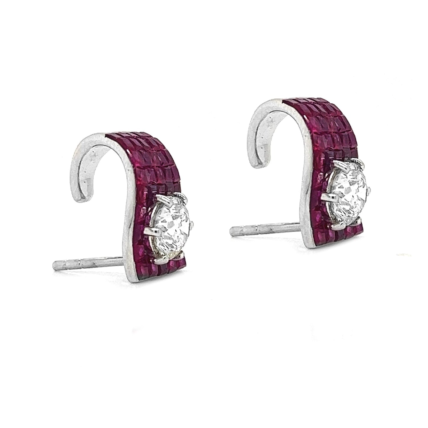 1.60 ct.tw. Natural Diamond and Rubies Halo Cocktail Earrings, in White Gold