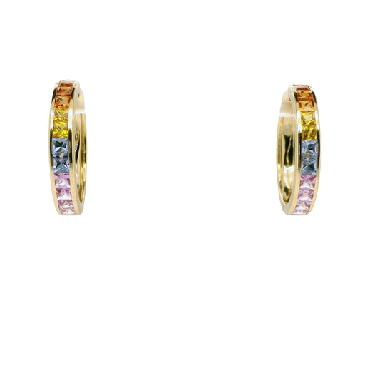 Multi-Colored Rainbow Natural Sapphires and Diamonds Hoops Earrings, in Yellow Gold