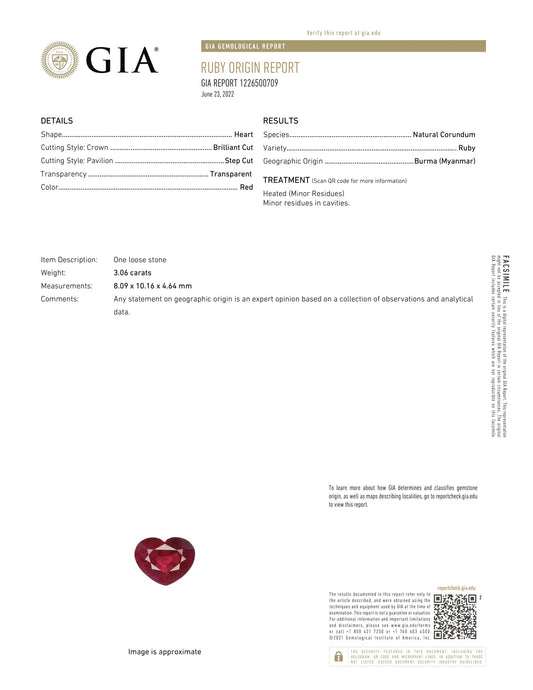 3.06 Carat Heart Shaped Red Ruby (GIA) 1226500709
