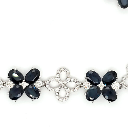 Natural Diamond and Blue Sapphire Art Deco Cocktail Bracelet, in White Gold
