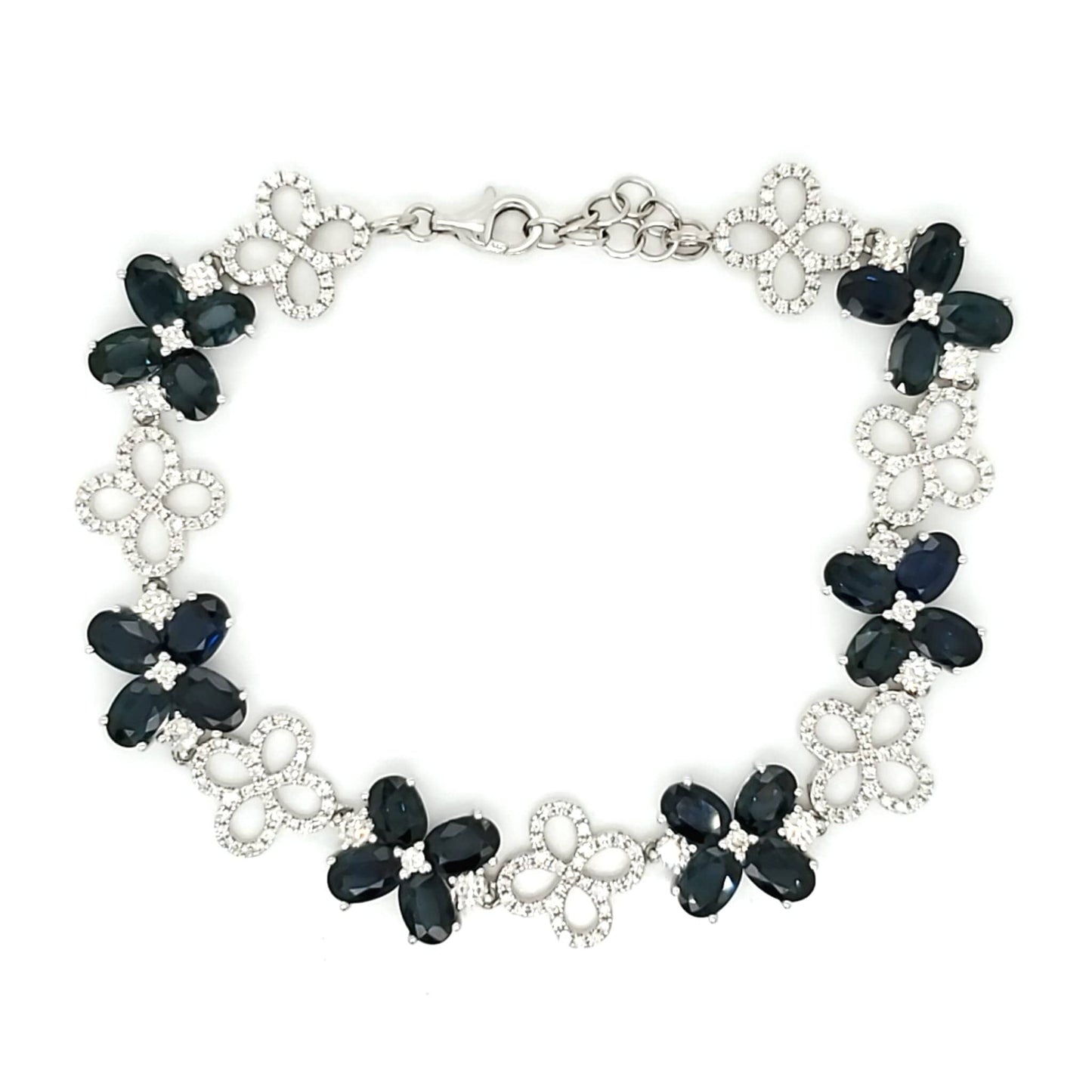 Natural Mined Diamond and Blue Sapphire Art Deco Cocktail Bracelet White Gold
