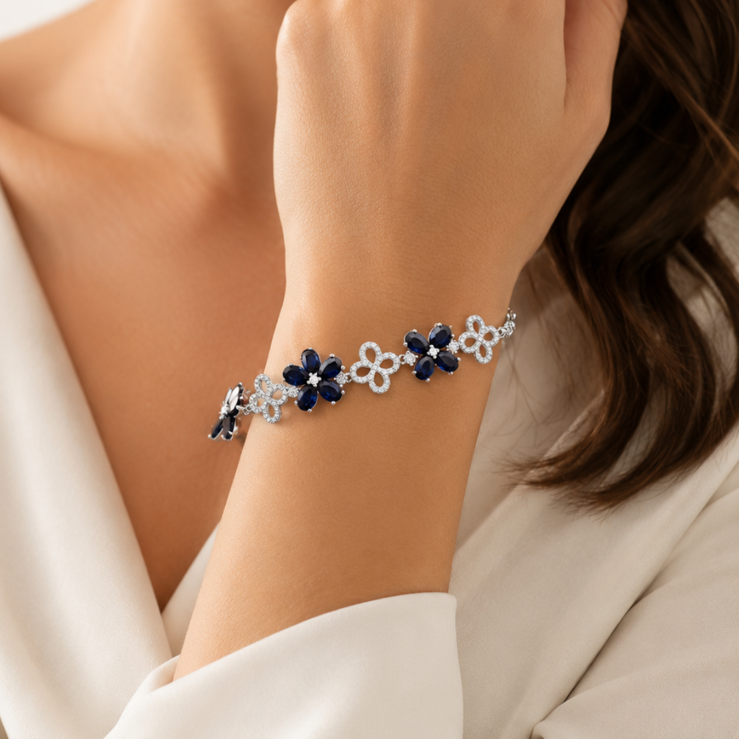 Natural Diamond and Blue Sapphire Art Deco Cocktail Bracelet, in White Gold model