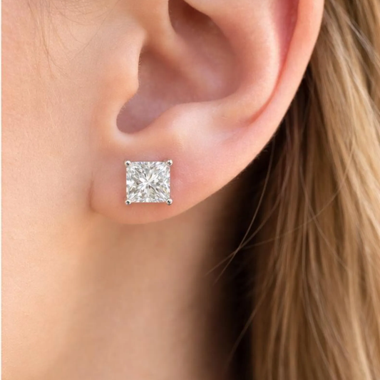 Diamond stud earring on a person's ear 